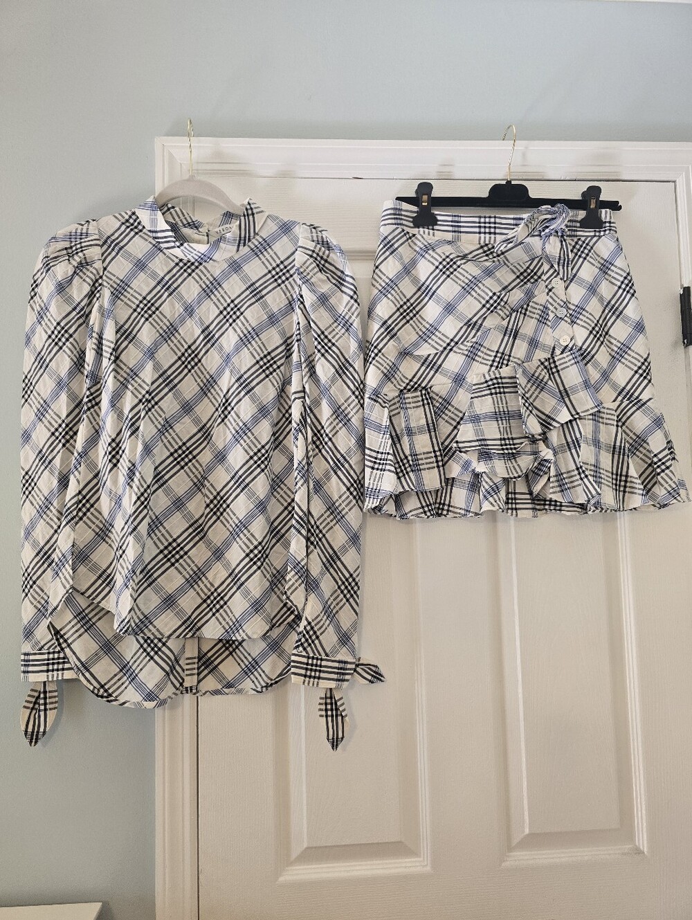 Veronica Beard Plaid Long-Sleeve Top And Skirt Set- White and Blue